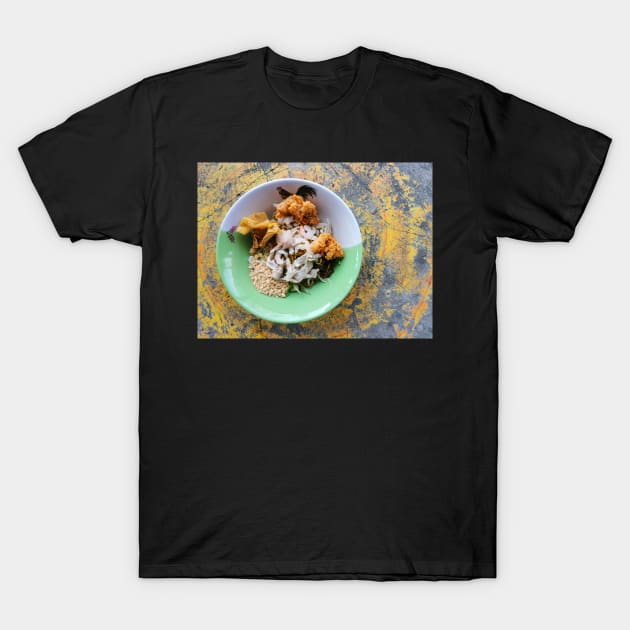 Thai street food. Asian yellow egg noodle with chicken and shrimp on cement background. T-Shirt by Nalidsa